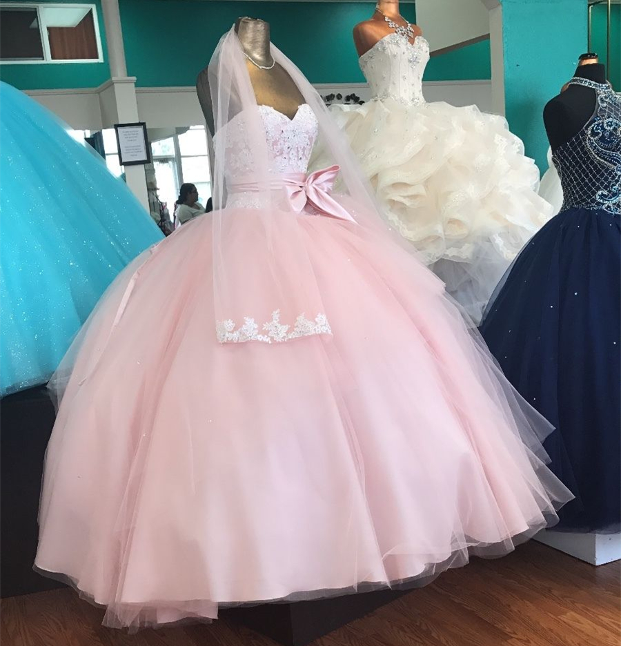 2020 New Pink Bow Ball Gown Quinceanera Dresses Crystals For 15 Years Sweet 16 Plus Size Pageant Prom Party Gown QC1055