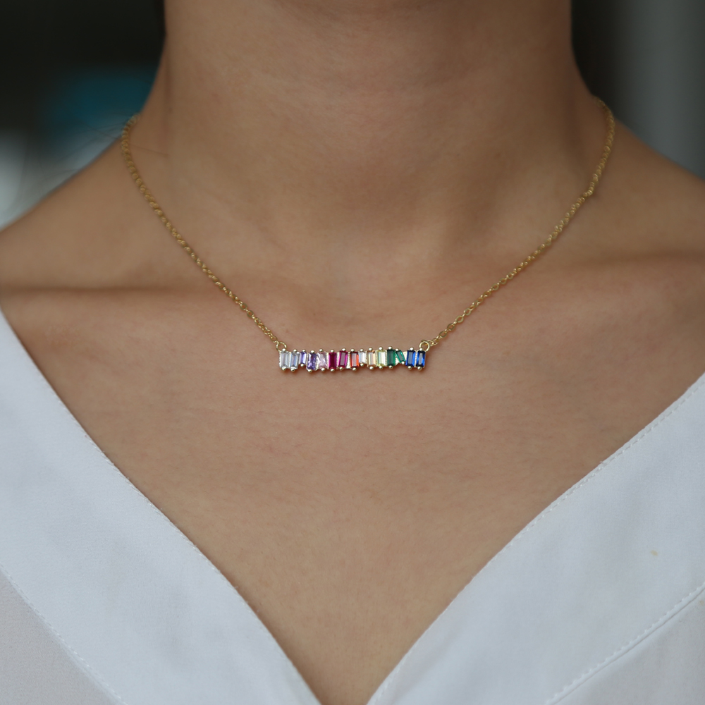 rainbow cz bar necklace simple classic fashion jewelry Gold plated colored cz minimal colorful cz necklaces