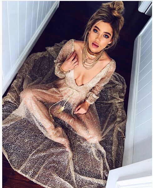 Lady Evening Party With Rhie Gold Maxi Dress Long Sleeves Mesh Sexy Deep V-neck Clothing