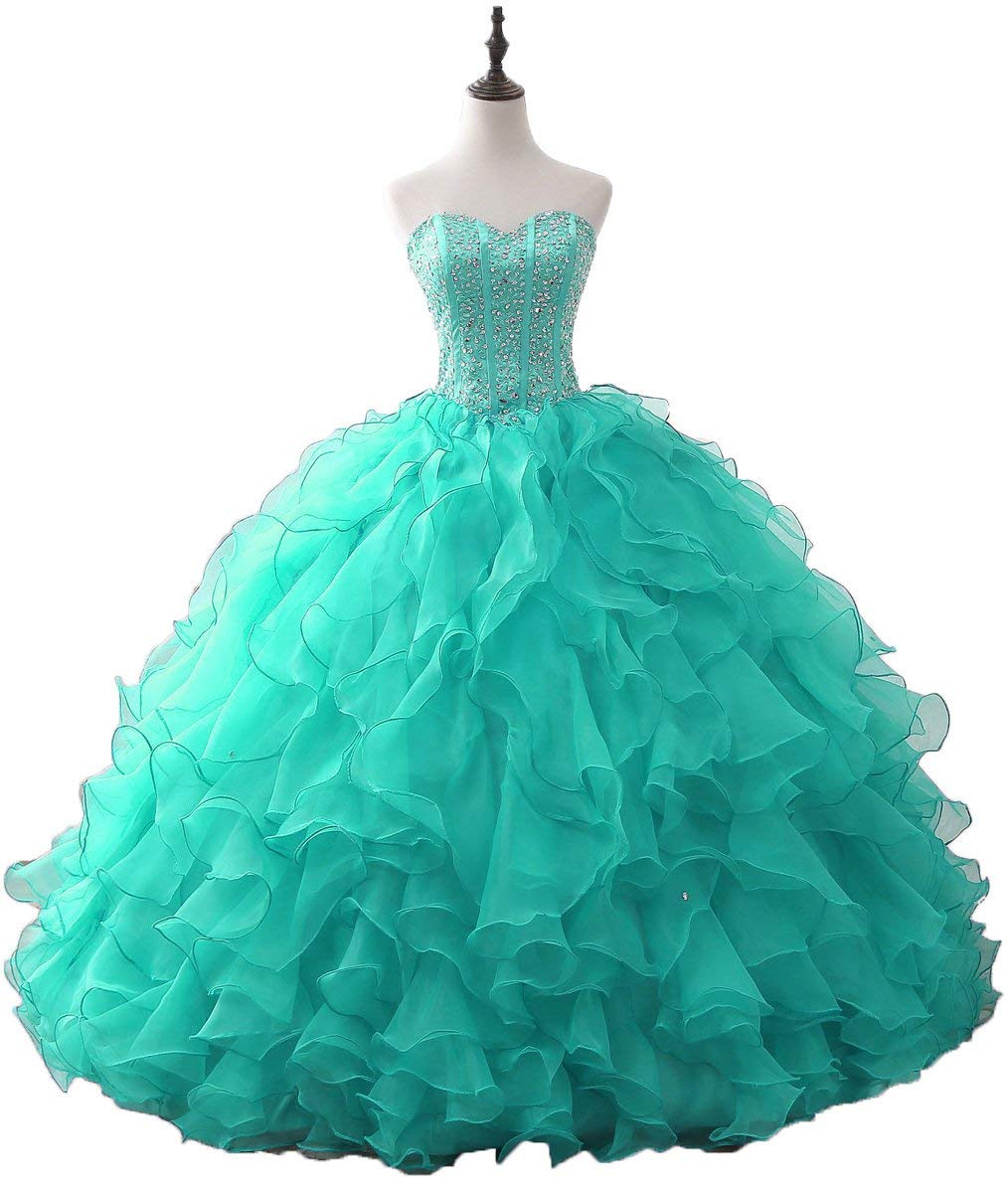2018 New Sexy Gorgeous Strapless Beaded Organza Quinceanera Dresses Ruffle Crystal Sweet 16 Prom Party Prom Gown