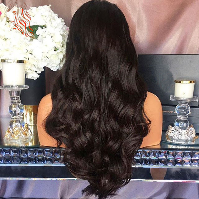 Natural Hairline Glueless High Temperature Fiber Hair Wigs Swiss Long Wavy 1# Black Synthetic Lace Front Wig for Women