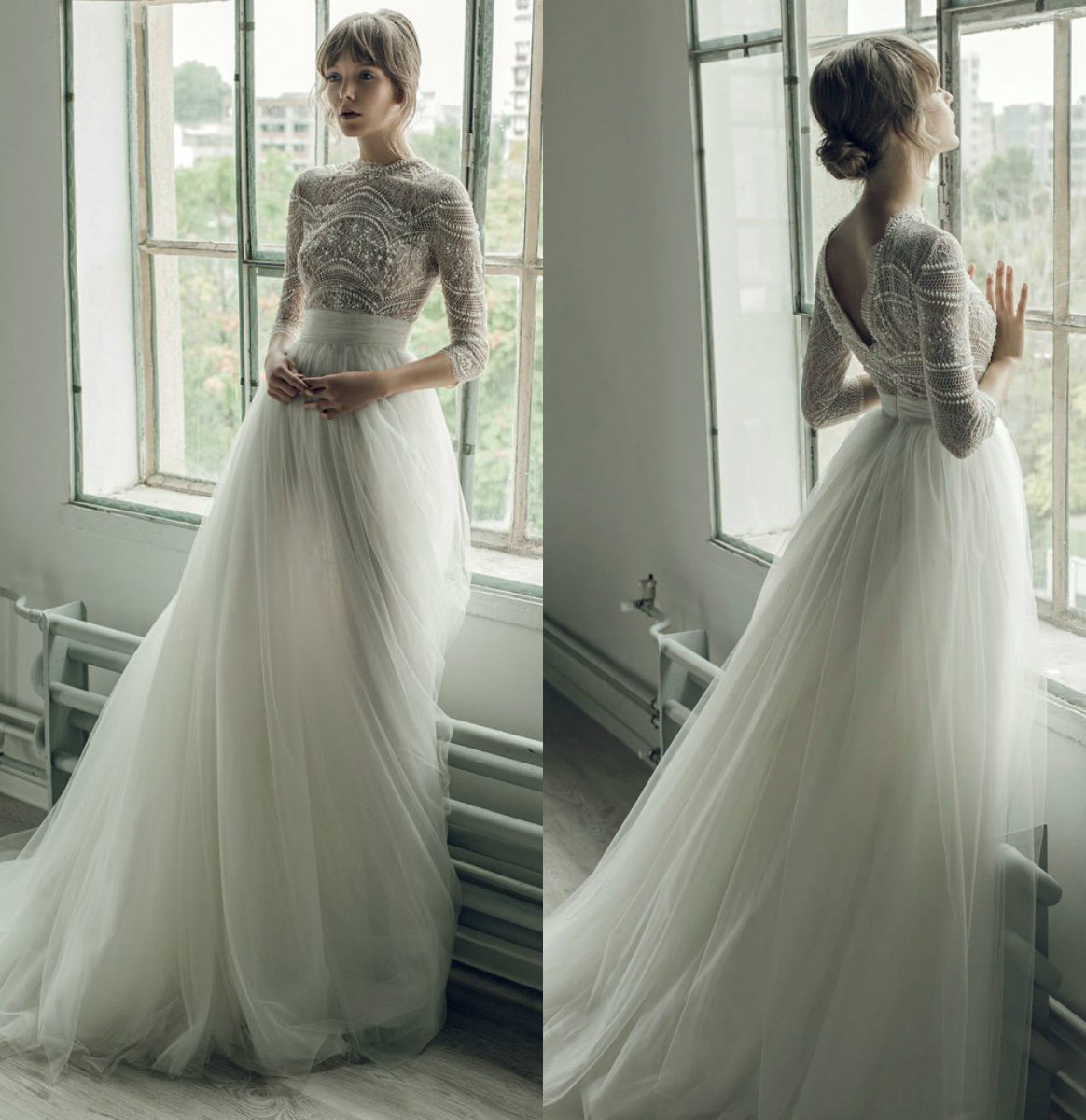 Ersa Atelier Dresses A e Jewel Neck Lace Beads Pearls Sweep Train Long Sleeve Bridal Gowns Custom Plus Size Beach Wedding Dress