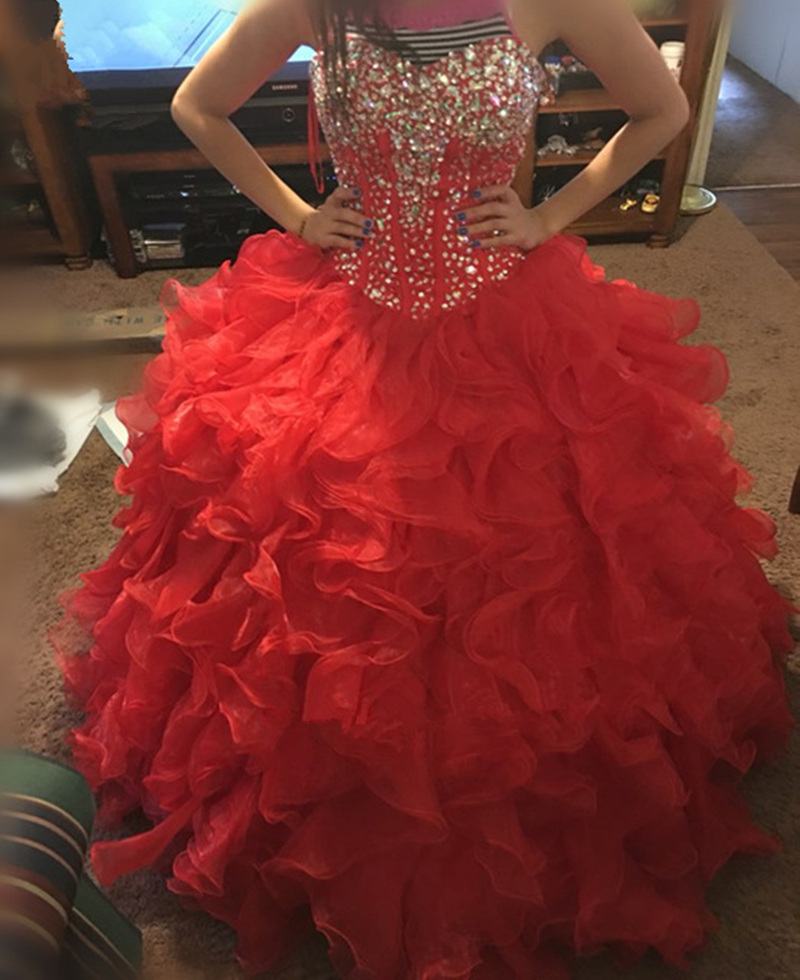 sexy fashion red crystal ball gown quinceanera dress with beading sequines organza laceup sweet 16 dress vestido debutante gowns bq149