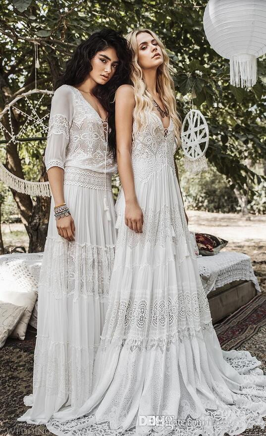 Beach Boho Chiffon Wedding Dresses Modest Vintage Crochet Lace V Neck Summer Holiday Country Bridal Gowns