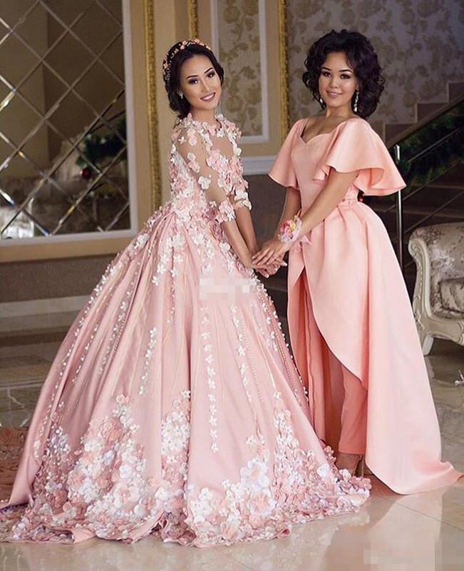 Delicate 3D Floral Colorful Wedding Dress Glamorous Pearls 3/4 Long Sleeves Sheer Jewel Neck Bridal Dress Middle-East Princess Chapel Train