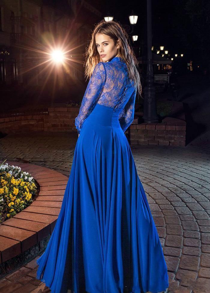 Fancy Lace Sheer Evening Dresses With Long Sleeves Chiffon Illusion Arabic Prom Dress Formal Robe De Soiree