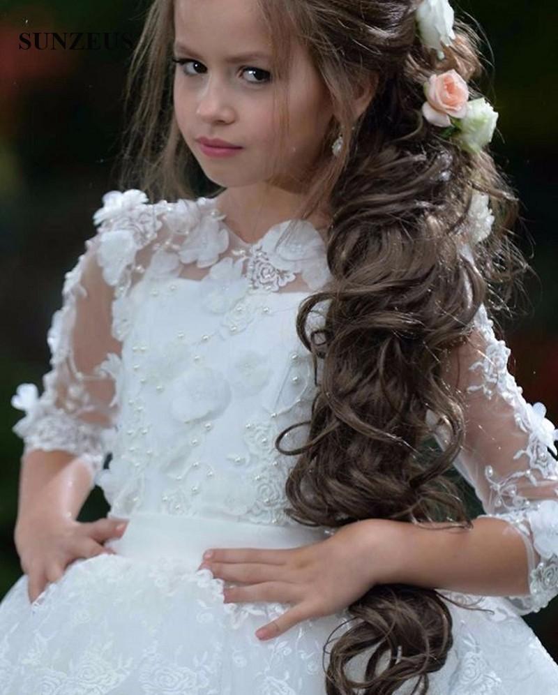 Princess Flower Girl Dresses for Weddings A Line Tiered Skirts Jewel Neck 3D Floral Appliques Pearls Girls Pageant Dress Kids Formal Wear