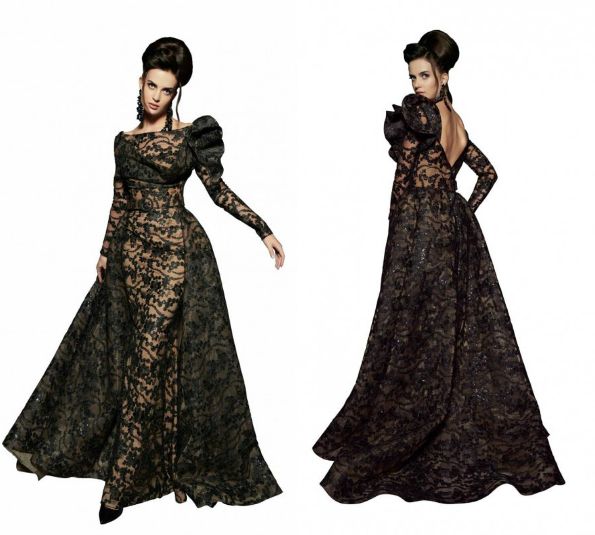 MNM Couture Mermaid Prom Dresses With Detachable Train Black Lace Applique Sweep Train Beaded Formal Dress Party Long Sleeve Evening Gowns