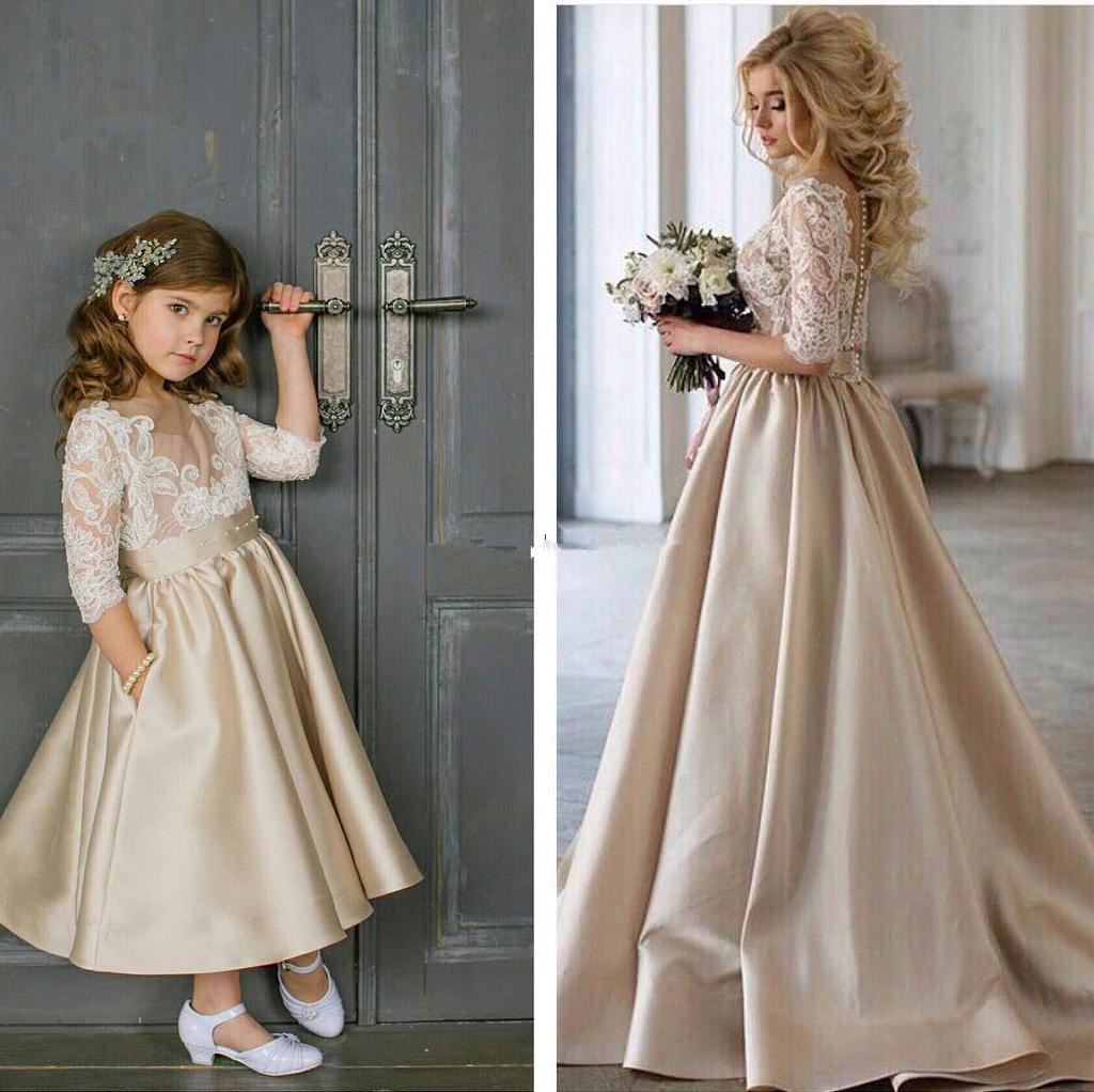 Flower Dresses Sheer Neck Champagne Ankle Length 3/4 Sleeves Illusion Lace Appliques Satin Birthday Party Girls Pageant Gowns