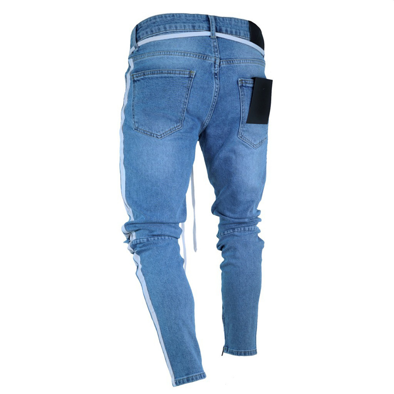 Men's Side Stripe Hip Hop Blue Distressed Jeans Drawstring Elastic Waist Ripped Ankle Length with Zipper Pencil Pants S913