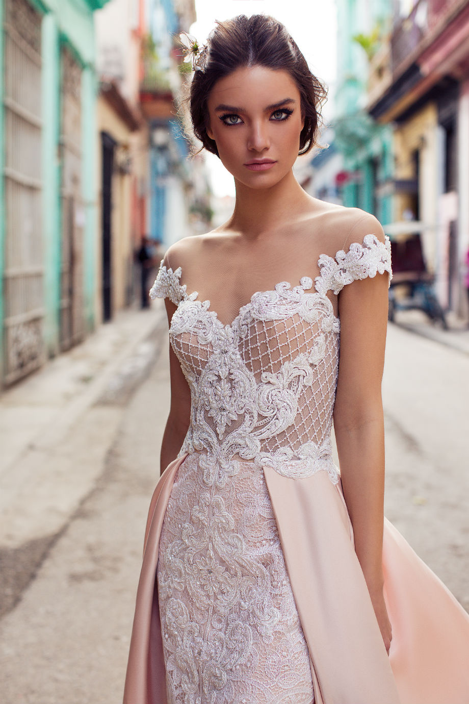 Gorgeous Mermaid Wedding Dresses With Detachable Train Pink Satin White Lace Appliques Off The Shoulder Boho Wedding Dress Bohemian Gowns