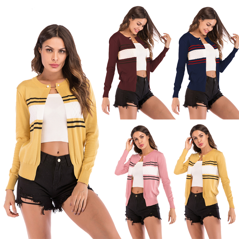 Best selling autumn new color contrast striped knit cardigan long-sleeved round neck short jacket support mixed batch