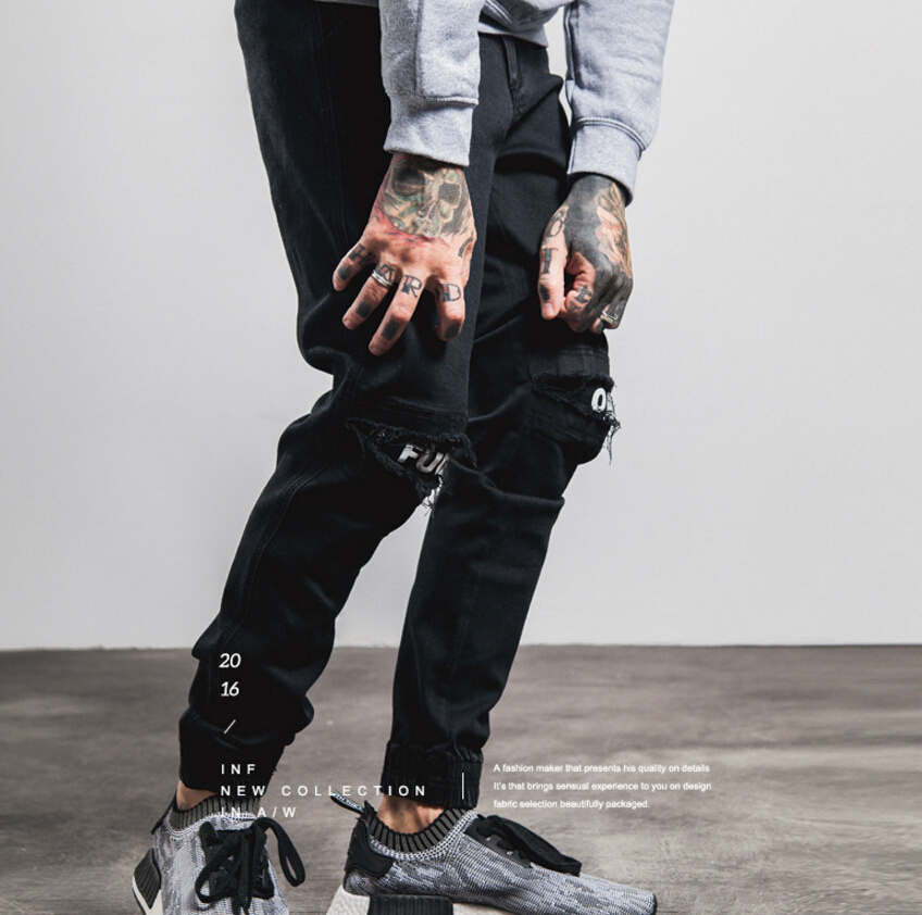 Mens Ripped Trousers Skinny Straight Slim Elastic Biker Jeans Pants Casual Black Pencil Pants With Letters Printed Design
Mens Ripped Trousers Skinny Straight Slim Elastic Biker Jeans Pants Casual Black Pencil Pants With Letters Printed Design