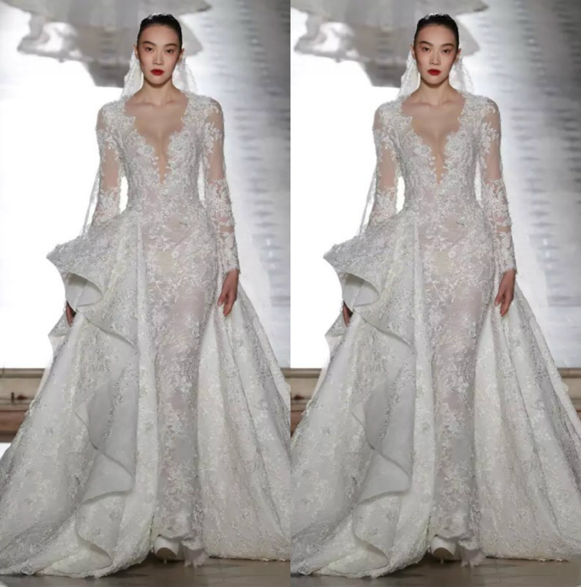 Tony Ward Vintage Design Wedding Dresses With Detachable Skirt Full Lace Applique Deep V Neck Long Sleeves Plus Size Bridal Gowns, Black & white 
Tony Ward Vintage Design Wedding Dresses With Detachable Skirt Full Lace Applique Deep V Neck Long Sleeves Plus Size Bridal Gowns, Black & white