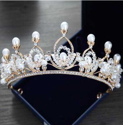 Wedding Tiara Pearls Queen Rhinestone Crystal Tiara Crown Pageant Hair Accessories Bridal Headpiece Discount For Wedding Dresses Cheap