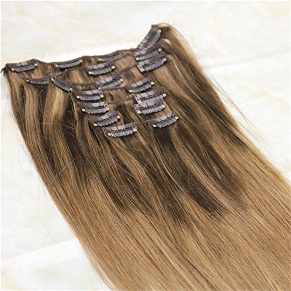 Balayage Clip in Hair Extensions #4 Dark Brown mixed #27 Honey Blonde and Color #10 Golden Brown Ombre Brazilian Human Hair Extensions Clips