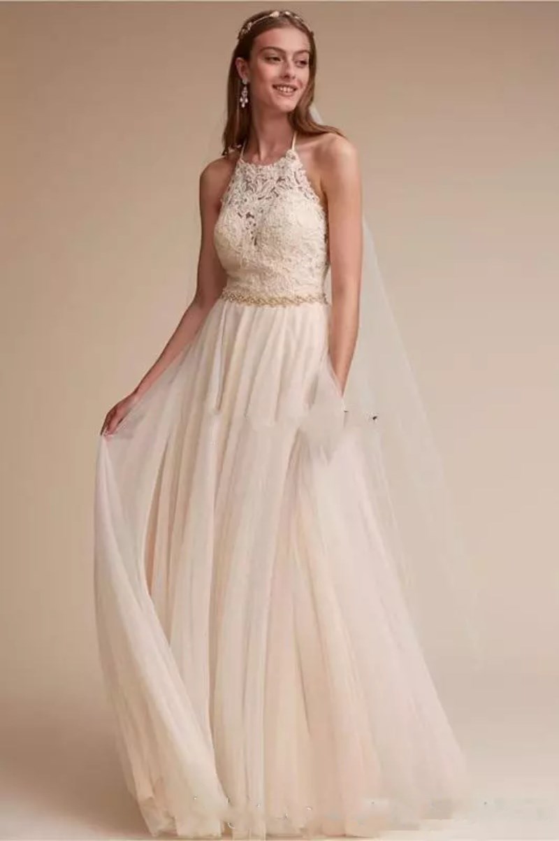 Simple BHLDN Boho Bridesmaid Dresses With Belt Halter Charming Lace Applique Backless Beach Wedding Guest Dress Vestidos De Noiva