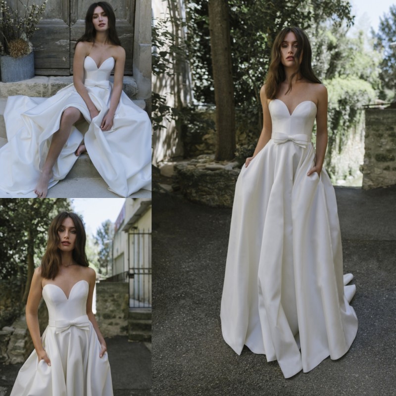 lihi hod satin sweetheart wedding dresses with wrap strapless beach boho bridal gowns robe de marie plus size bow wedding dress