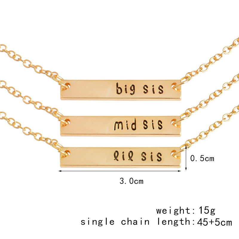 10pcs Gold/Silver Bar Necklace with Letter Big Middle Littler Sister Chain Necklace Jewelry for Love Sister Gift
10pcs Gold/Silver Bar Necklace with Letter Big Middle Littler Sister Chain Necklace Jewelry for Love Sister Gift