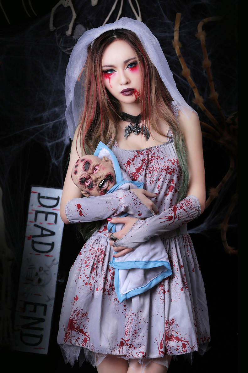 2018 New Arrival Halloween Costumes For Adults Vampire Bride Short Spaghetti Printed Blood Ployester Party Dress With Gloves + Veil In Stock