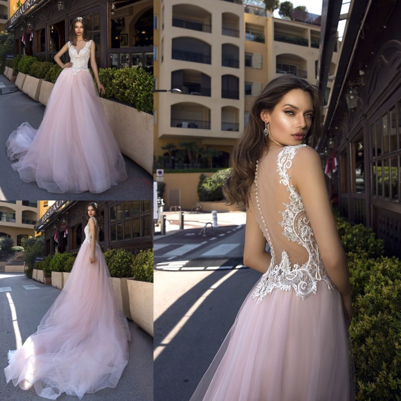 Tina Valerdi 2019 Wedding Dresses Blush Pink Lace Appliqued Sexy Illusion Bodice V Neck Cheap Plus Size Bridal Gowns