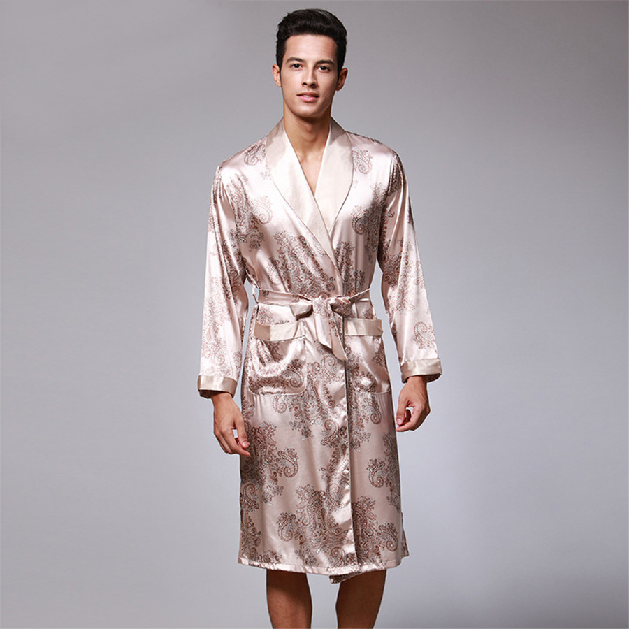 Men Robe 2018 Spring New Kimono Bathrobe Gown Faux Silk Robes Long Sleeve Home Clothes Male Sleewear Bath Geisha L XL XXL