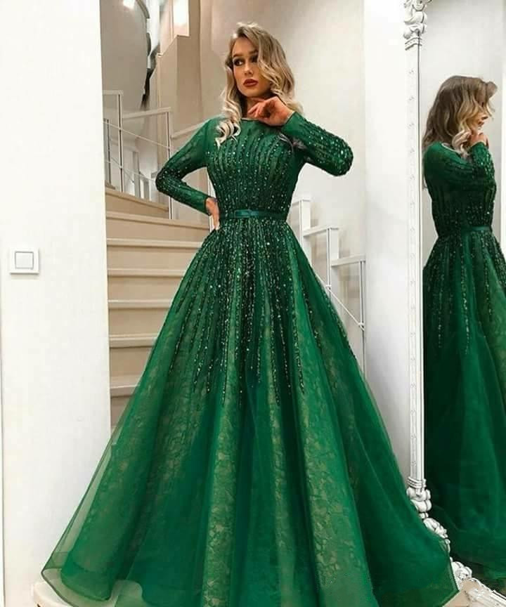 arabic dark green muslim prom dresses long sleeves lace a line evening gowns beaded stones top tulle floor length party dress
