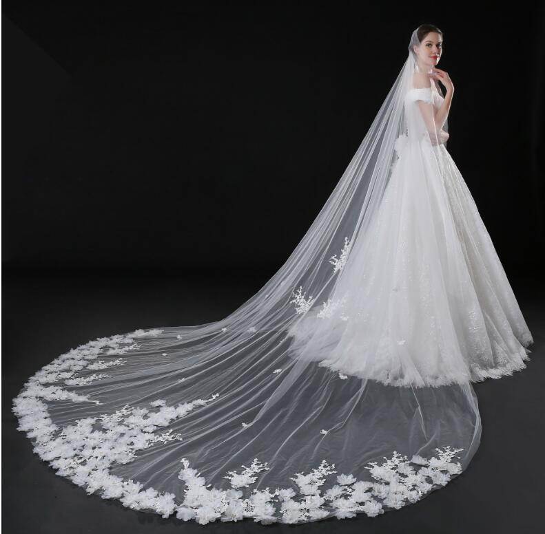 Cathedral Bridal Veils For Wedding Dress Bridal Gown 3D Flowers Soft Tulle White Ivory Tulle One Layer With Comb 5 Meters In Stock