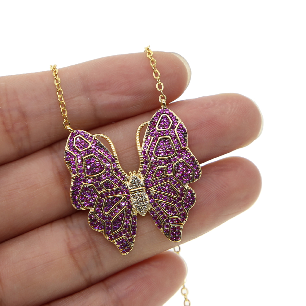 fashion red black butterfly pendant necklace with cz paved animals charm necklace connector delicate chain necklace jewelry