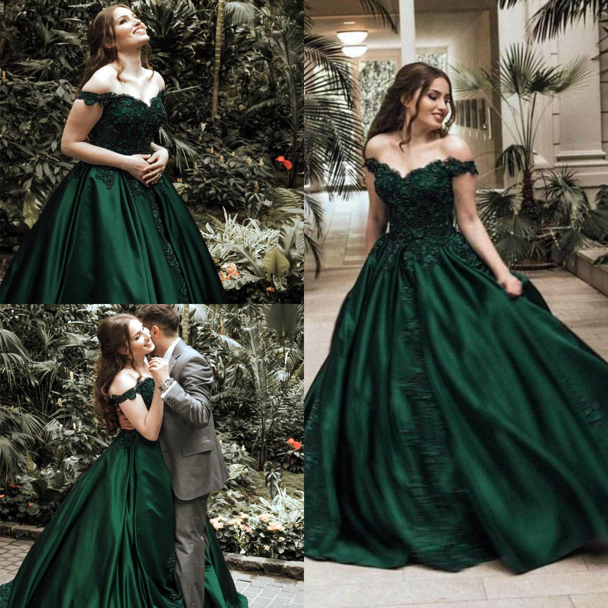 Vintage Off Shoulder Evening Dresses Dark Green Lace Appliques Beaded Princess Prom Dresses Customized Gowns For Formal Events