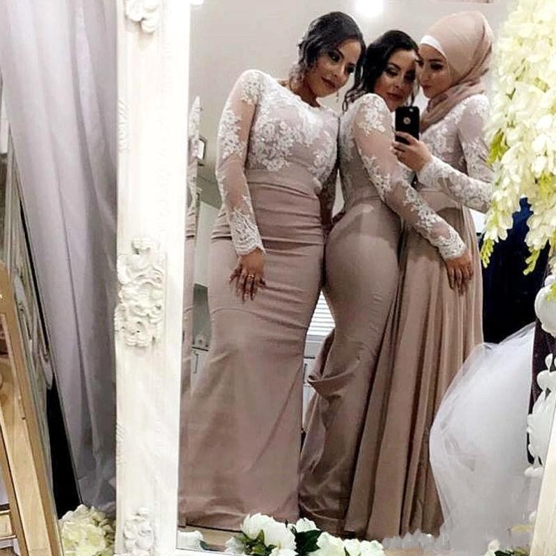 Latest Muslim New Mermaid Lace Applique V Neck Satin Long Sleeves Prom Dresses Cheap For Weddings Bridesmaid Gowns