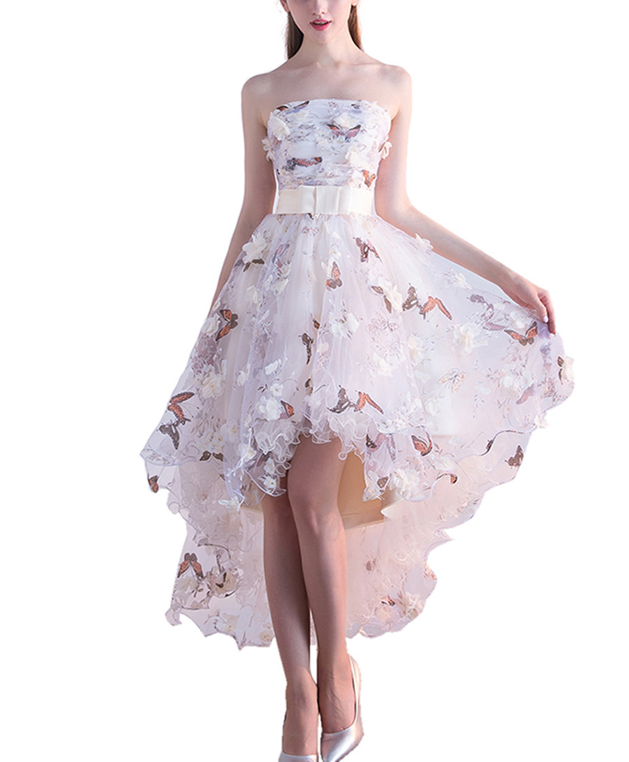 

High Low Cream 3D Floral Butterfly Prom Dresses Strapless Bow Belt Short Front Long Back Girls Pageant Dress Party Gowns, Same as picture