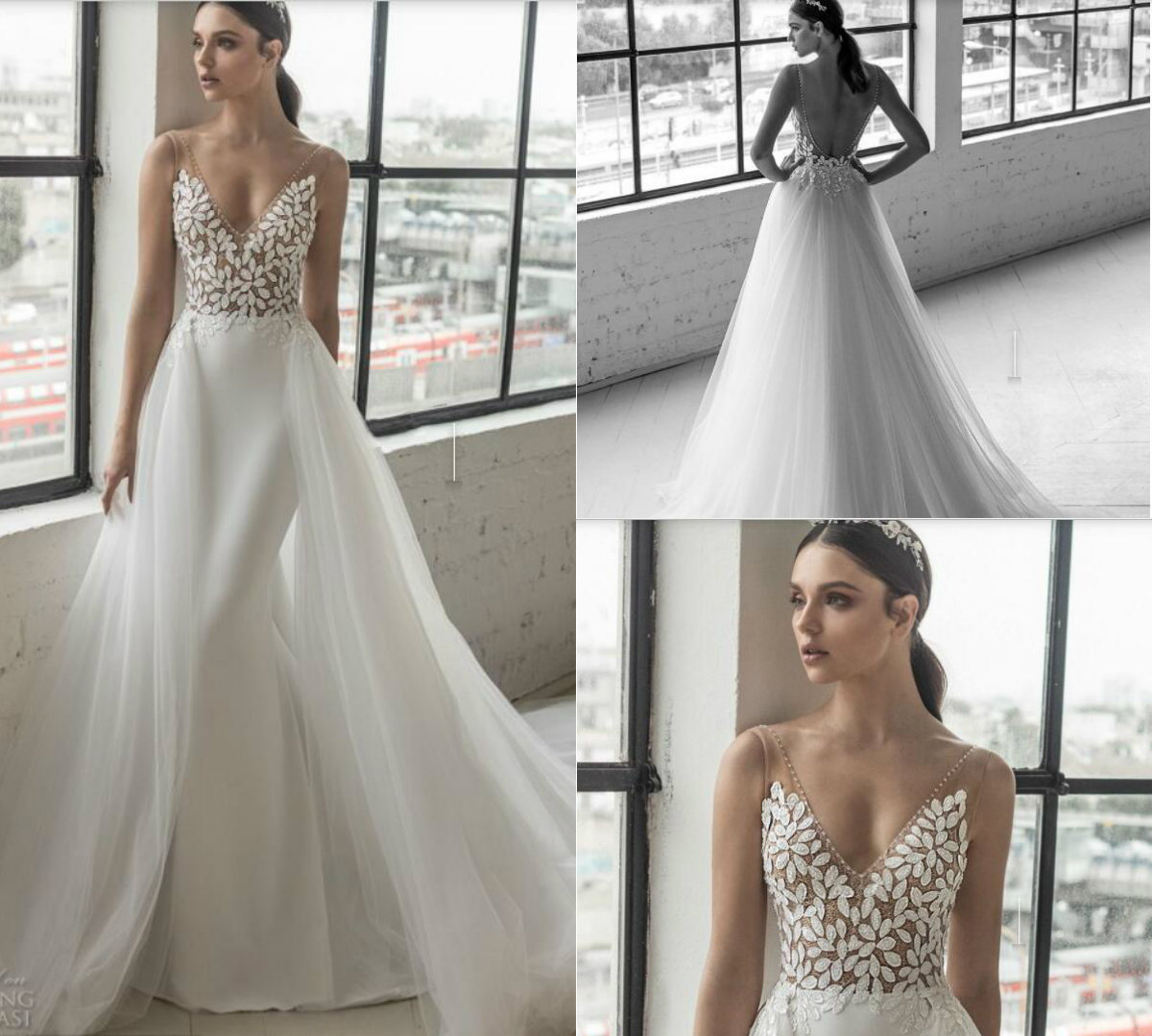 Julie Vino Mermaid Wedding Dresses With Detachable Skirt Sweep Train Elastic Satin Lace Applique Beach Wedding Gowns V Neck Backless Dress