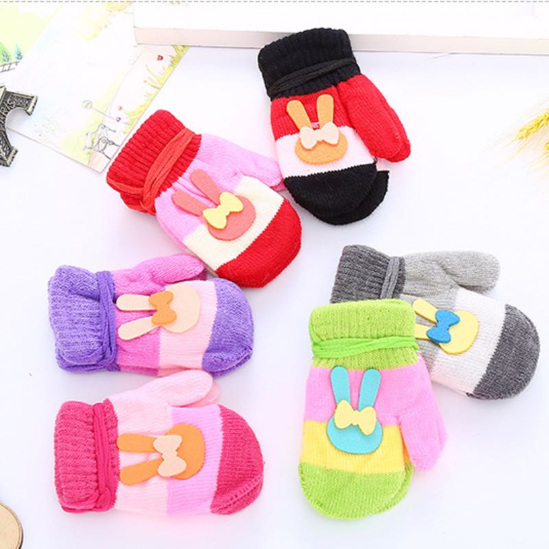 Lovely Baby Colorful Knitted Gloves Ice Cream Rabbit Bear Flower Deer Cute Kids Mitten With Hanging Rope 8 Different Style