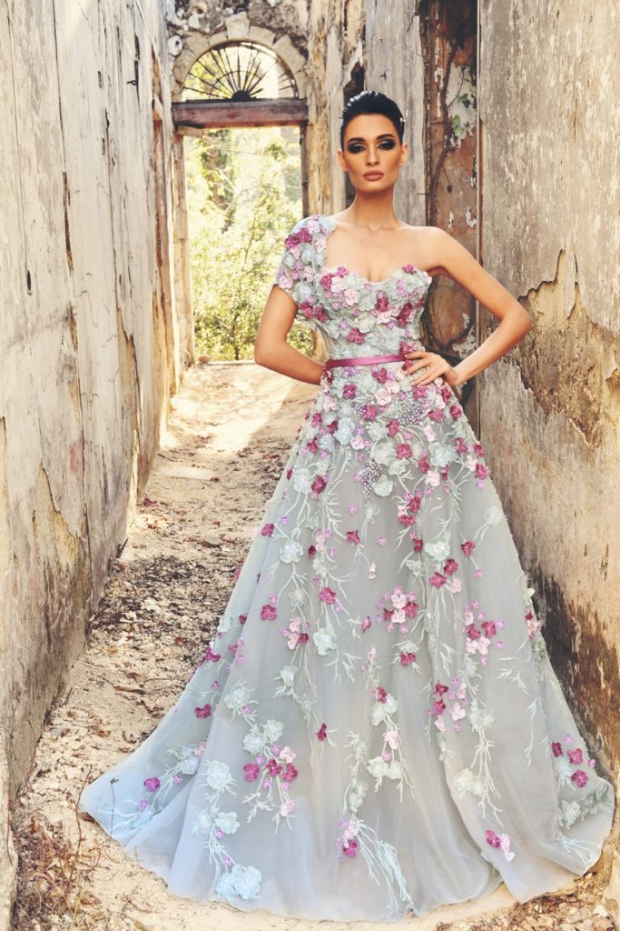 Tony Chaaya Fairy Prom Dresses Lace 3D Floral Applique Pearls One Shoulder Sweep Train Formal Dress Evening A Line Plus Size Evening Gowns