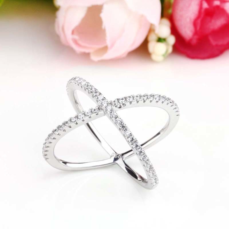 Women Rings Double Layer Cubic Zircon X Shape 925 Sterling Silver Jewelry Criss Cross Ring CZ Girls Long Rings D18111306