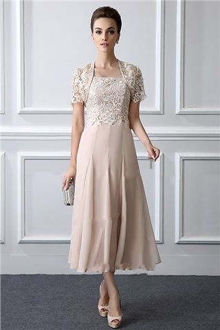 Elegant Mother Of The Bride Dresses Tea Length Lace Formal Gowns With Jacket Square Neck Elegant Two Pieces Wedding Mothers Groom Dress