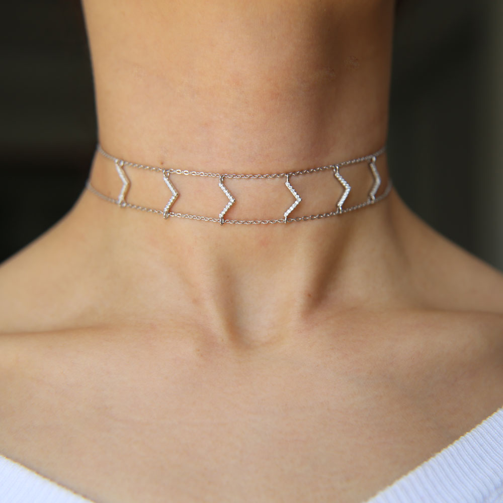 CZ v Charm double chain choker chevron women 925 sterling silver fashion collarbone chocker necklace
