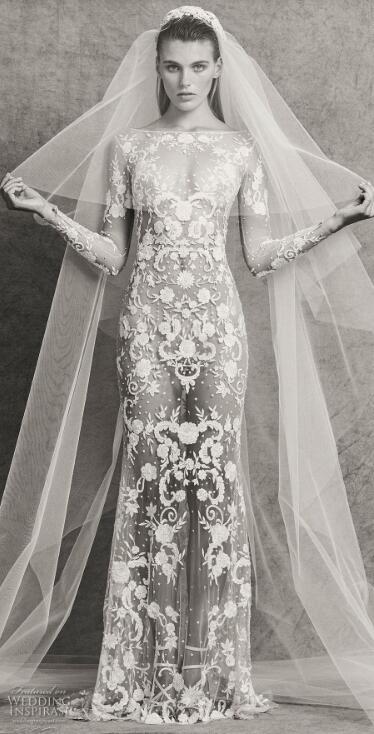Zuhair Murad 2018 Fall Wedding Dress Sexy Illusion Sheer Bateau Neckline Lace Applique Bridal Gowns With Satin Detachable Train