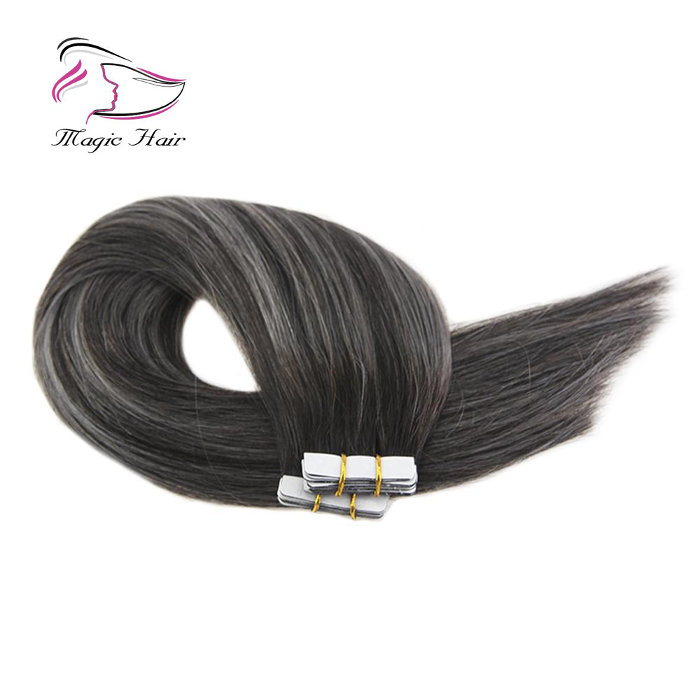 100g 40pcs Silk Straight Tape in Human Hair Extension Balayage 1b Sliver Color (#1b sliver 1b)