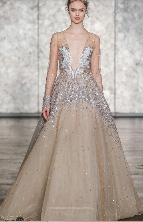 Inbal Dror Shiny Luxury Evening Dresses 2018 Sexy Champagne Illusion Sequins Lace Applique Long Sleeves Tulle Prom Dress