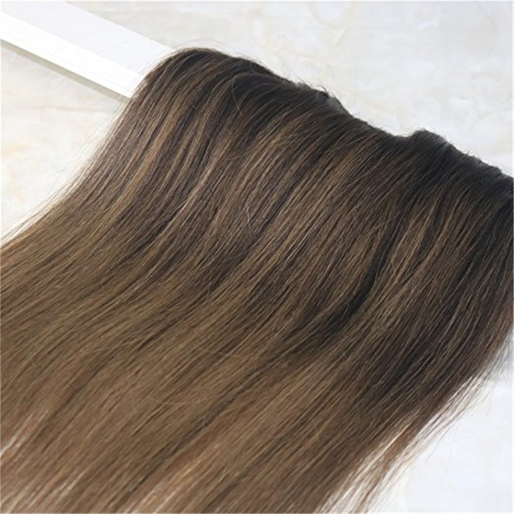 One Piece Clip in Human Hair Extensions 70g Ombre Balayage Dark Brown to Medium Brown Remy Hair Weft Clip ins Color #2/6