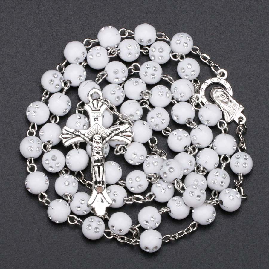 8mm New White Rosary Beads Religious Catholic Rosary Necklace Five-Decade Rosary Prayer Jesus Crucifix Stars Mary Centerpiece