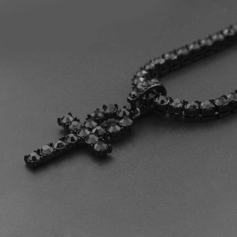 Egyptian Ankh Key Pendant Necklace Hip Hop Mens Rhinestone Link Cuban Chain Gold Plated Silver And Black