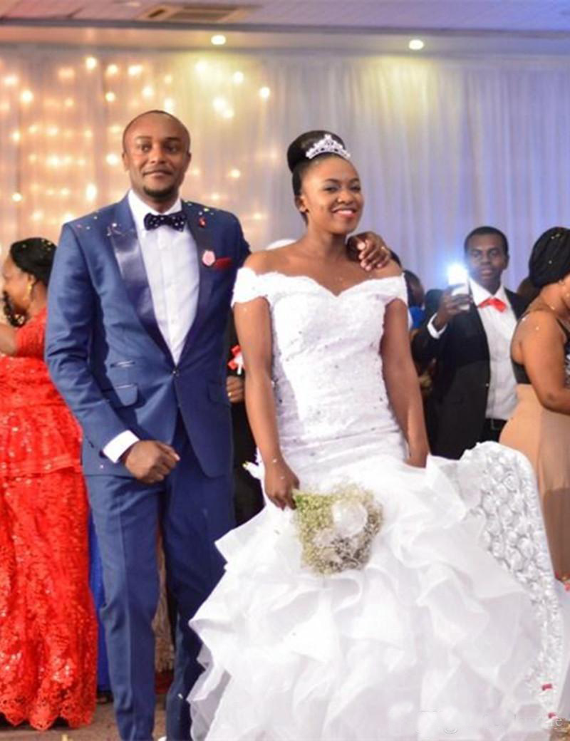 Mermaid Plus Size Wedding Dresses Off Shoulder Short Sleeves Beaded Lace Ruffles Organza Bridal Gowns Vestido de Noiva