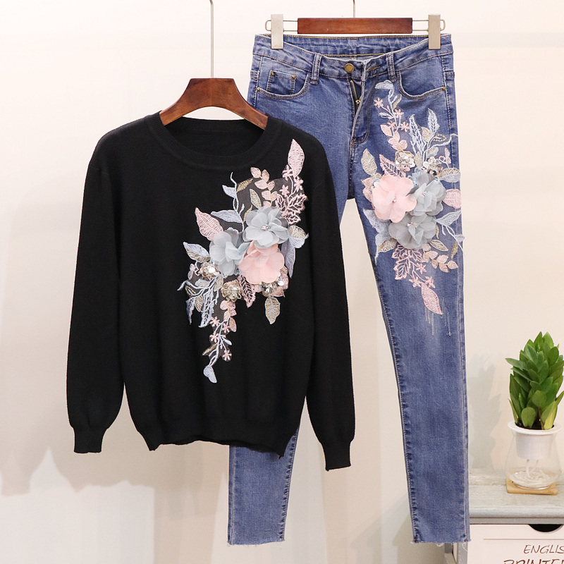 Amolapha Women Sequins 3D Floral Pullovers Denim Jeans Suits Knit Sweaters Tops Slim Fit Pants Sets for Female Woman D18110503