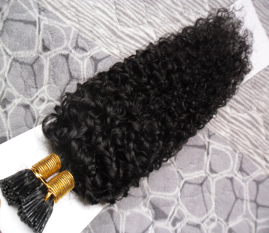 Natural Color afro kinky curly hair 100g Human Pre Bonded Fusion Hair I Tip Stick Keratin Double Drawn Remy Hair Extension