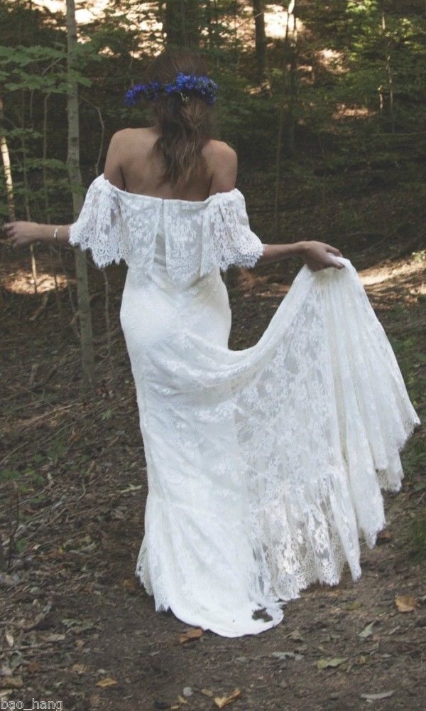 Beach Off Shoulder Summer Country Lace Mermaid Dresses Bohemian Court Train Backless Wedding Bridal Gowns Vestidos De Noiva
