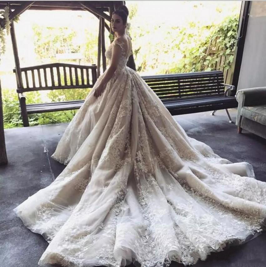 new design wedding dresses saudi arabia lace appliqued sheer neck bridal gowns plus size country court train wedding dress
