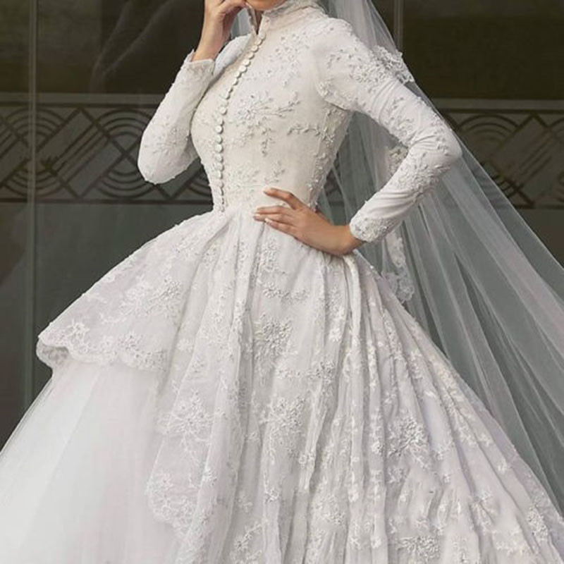 High Neck Muslim Wedding Dresses With Long Sleeve Tulle Applique Sweep Train Country Wedding Gowns A Line The Middle East Bridal Dress